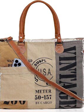 Canvas Tote Bag for Women, Vintage Patchwork Handbag with Leather Handles & Shou